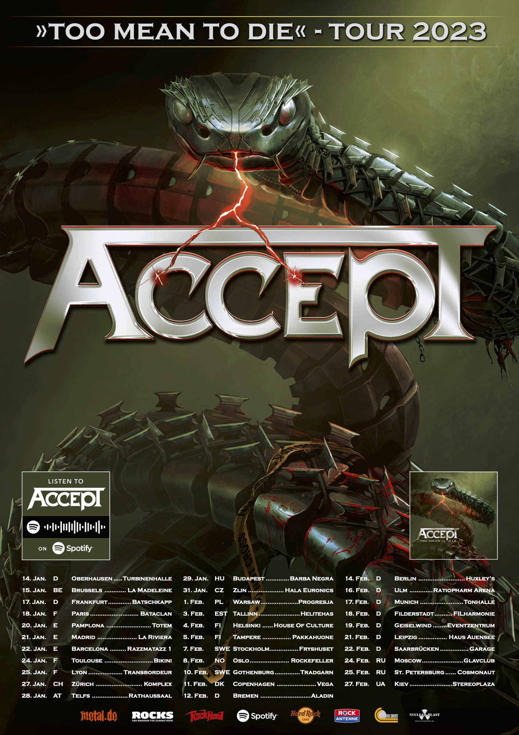 Tourflyer von der Too Mean To Die Tour 2023 von Accept