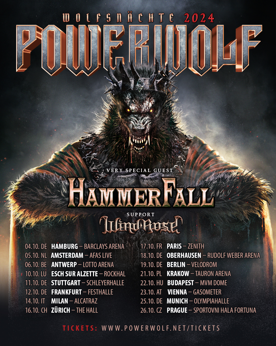 Tourposter mit Tourdaten von Powerwolf - Wolfsnächte 2024